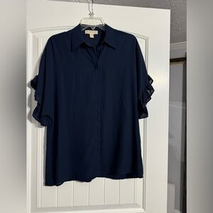 Michael Kors Button Down Ruffle Sleeve Blouse Small Navy